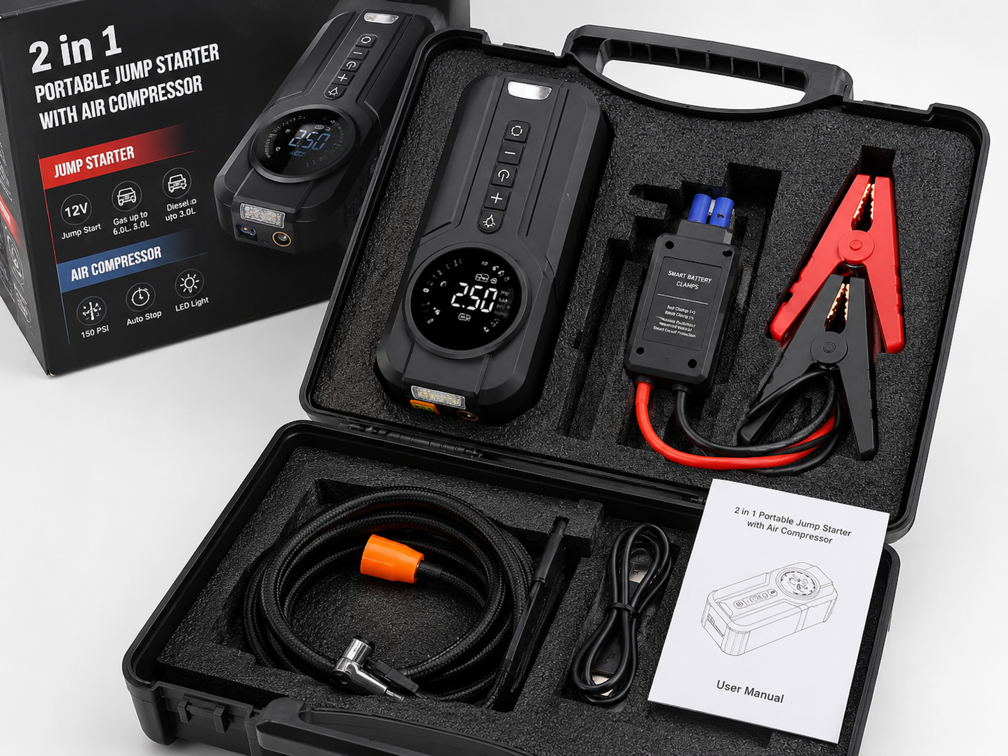 2-in-1 Portable Jump Starter & Air Compressor 2500A – 150 PSI Tire Inflator, Power Bank & LED Emergency Light