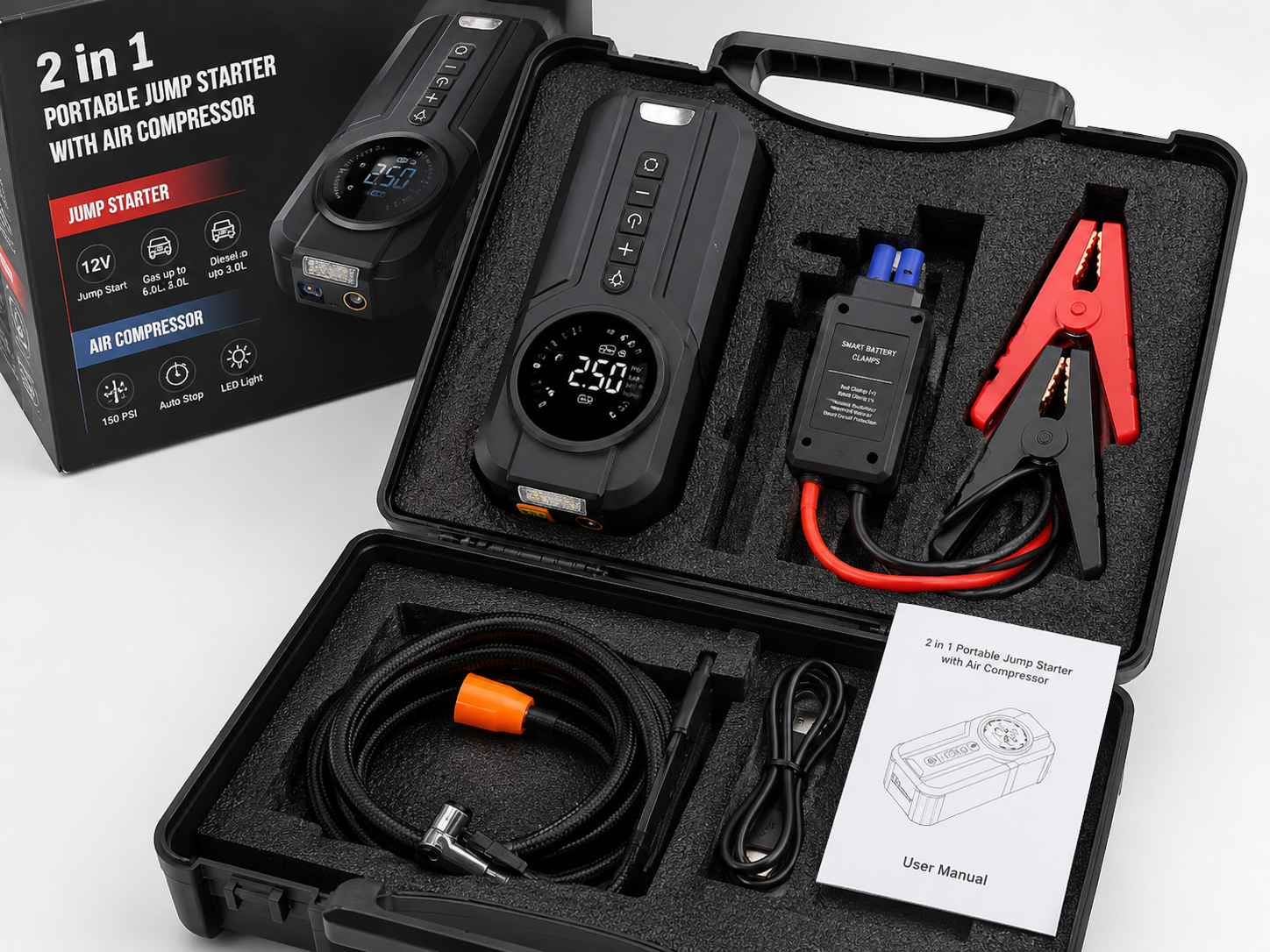 2-in-1 Portable Jump Starter & Air Compressor 2500A – 150 PSI Tire Inflator, Power Bank & LED Emergency Light