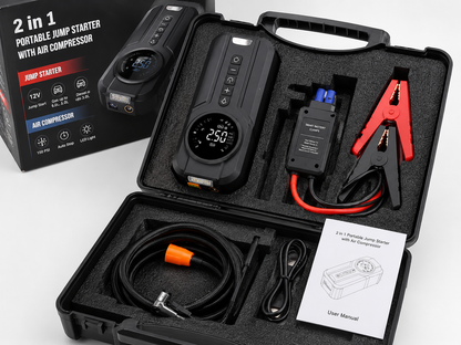 2-in-1 Portable Jump Starter & Air Compressor 2500A – 150 PSI Tire Inflator, Power Bank & LED Emergency Light