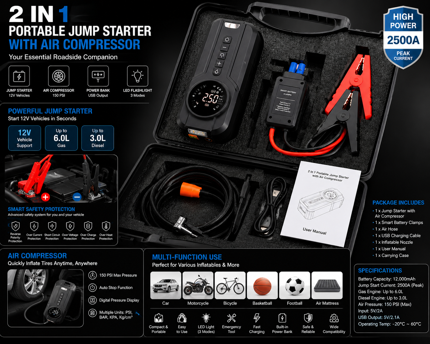 2-in-1 Portable Jump Starter & Air Compressor 2500A – 150 PSI Tire Inflator, Power Bank & LED Emergency Light
