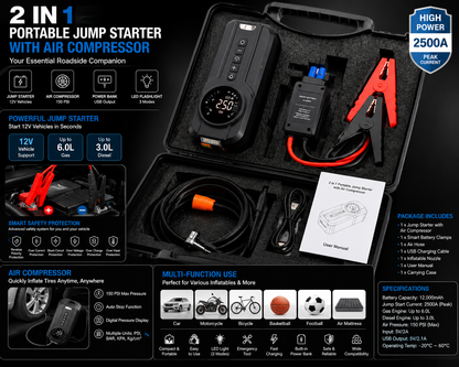 2-in-1 Portable Jump Starter & Air Compressor 2500A – 150 PSI Tire Inflator, Power Bank & LED Emergency Light