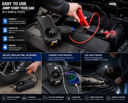 2-in-1 Portable Jump Starter & Air Compressor 2500A – 150 PSI Tire Inflator, Power Bank & LED Emergency Light