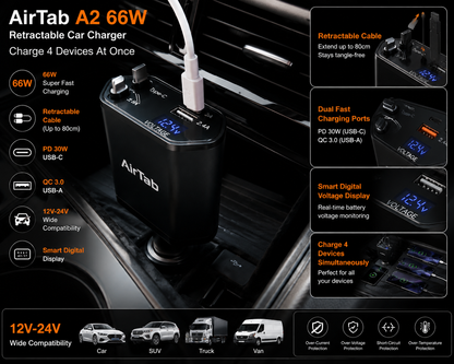 AirTab A2 66W Fast Charging Car Charger with Retractable Cable