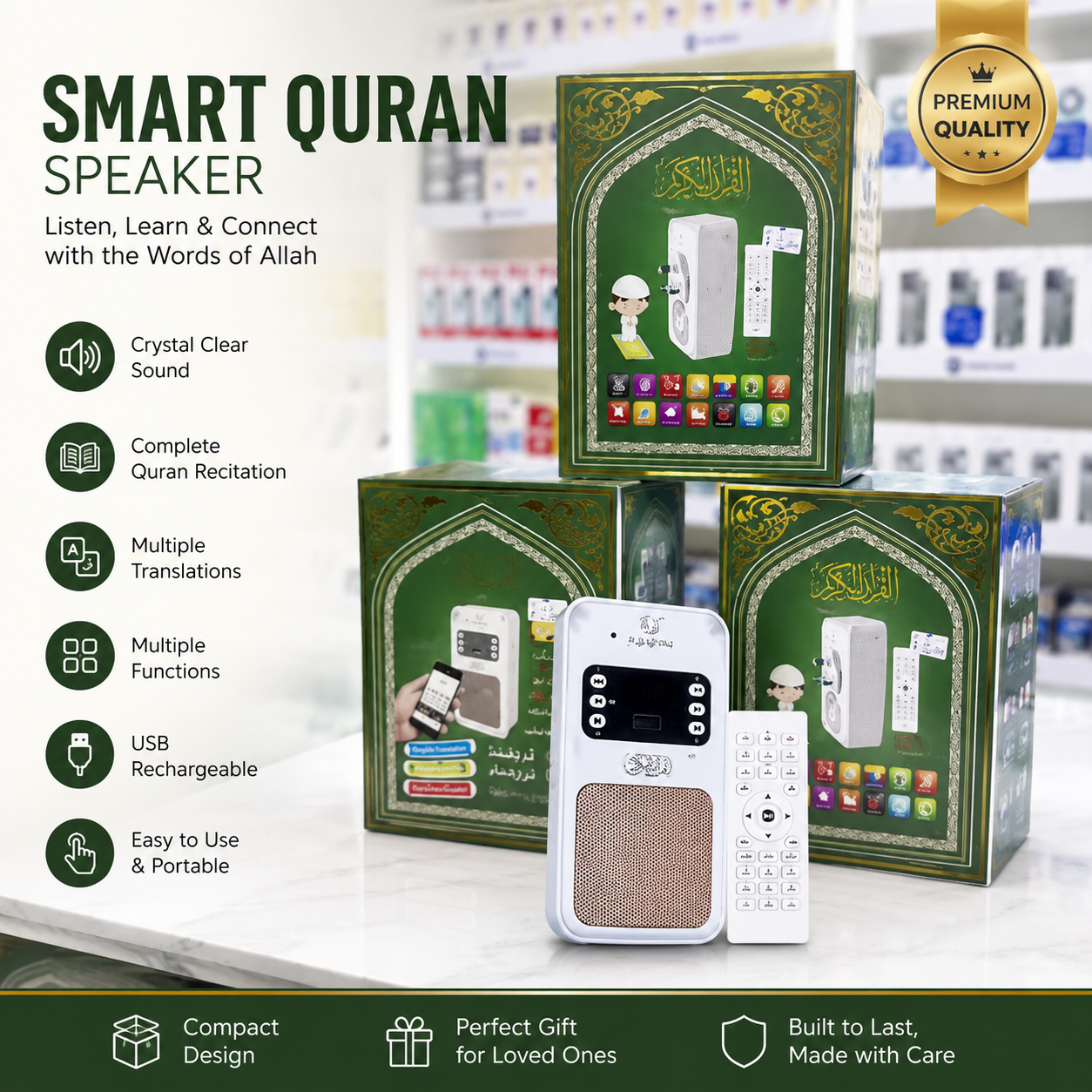 Smart Quran Speaker with Remote Control - Multilingual Quran Recitation & Translation Device