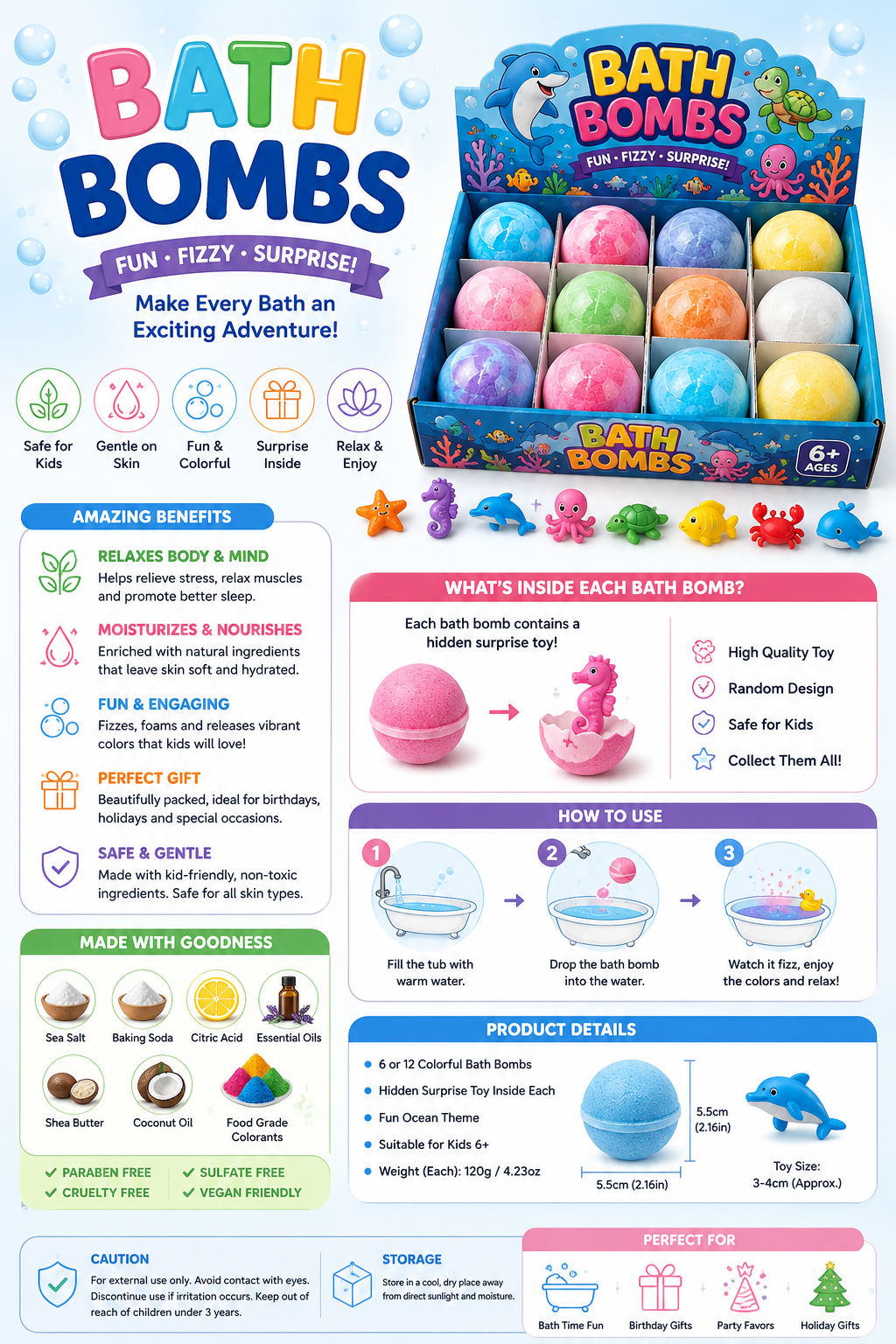 🛁 Surprise Bath Bombs for Kids – Colourful Fizzing Bath Balls with Hidden Toy Inside