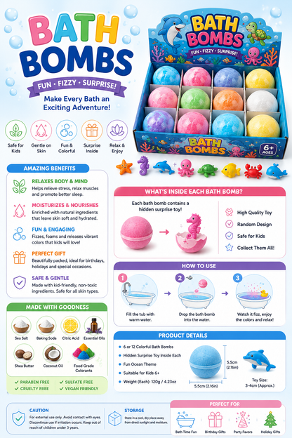 🛁 Surprise Bath Bombs for Kids – Colourful Fizzing Bath Balls with Hidden Toy Inside