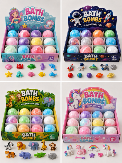 🛁 Surprise Bath Bombs for Kids – Colourful Fizzing Bath Balls with Hidden Toy Inside