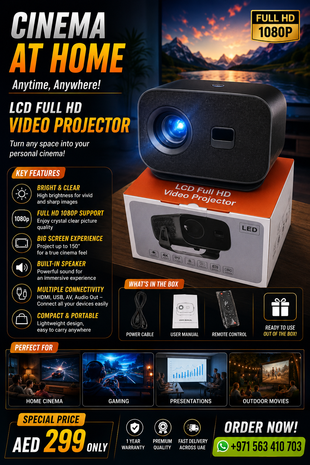 Portable Full HD LED Projector with WiFi & Bluetooth – 4K Supported Home Cinema Projector