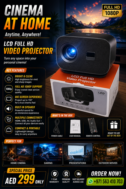 Portable Full HD LED Projector with WiFi & Bluetooth – 4K Supported Home Cinema Projector