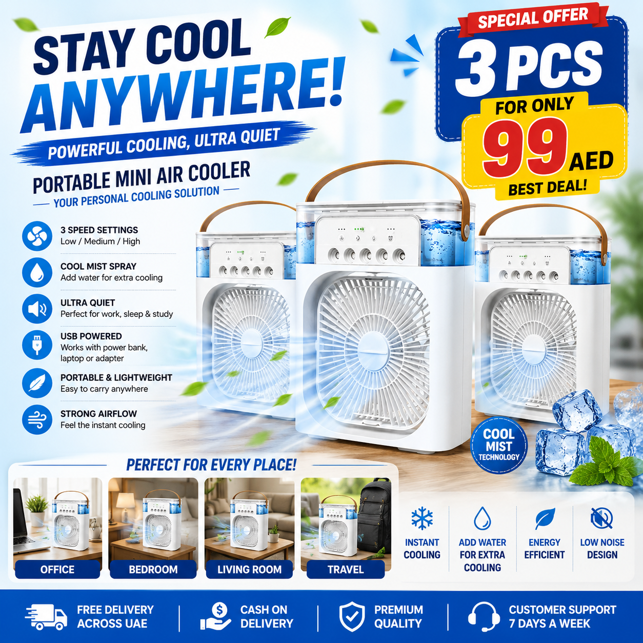 3 Portable Mini Air Cooler Fans with Mist Spray | USB Rechargeable | Ultra Quiet | 3-Speed Cooling | Only 99 AED