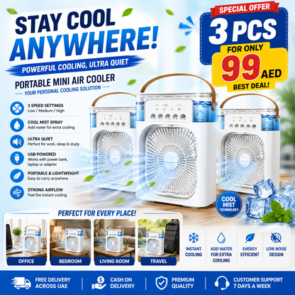 3 Portable Mini Air Cooler Fans with Mist Spray | USB Rechargeable | Ultra Quiet | 3-Speed Cooling | Only 99 AED